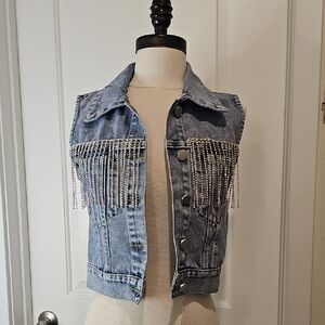 Rhinestone Fringe Denim Vest - Light Blue
